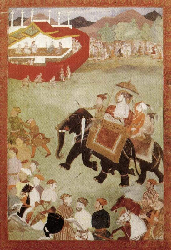 unknow artist Shah Jahan Riding on an Elephant Accompanied by His Son Dara Shukoh Mughal china oil painting image